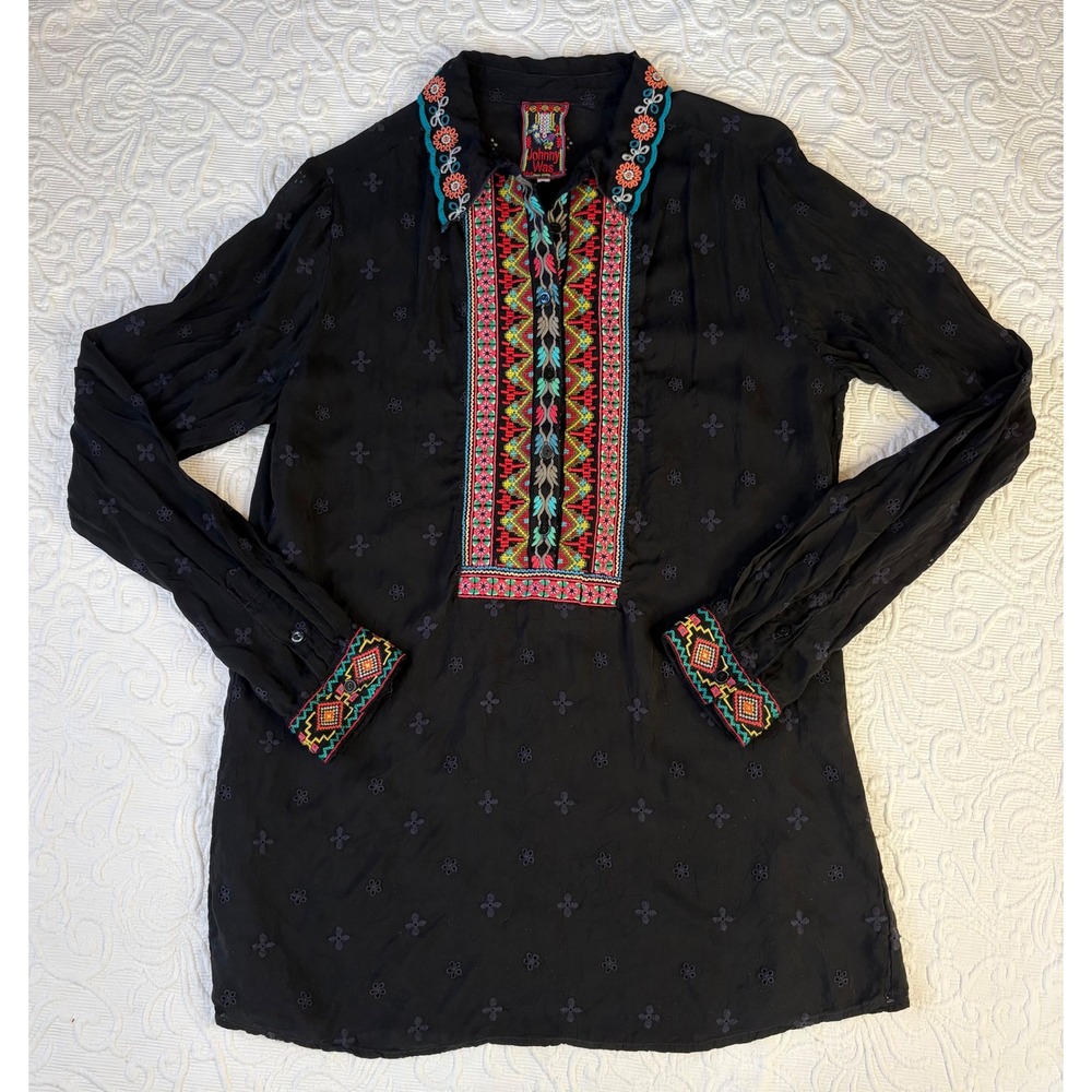 Johnny Was Embroidered Black Tunic Top Boho Chic Long Sleeve Collar Women Small
